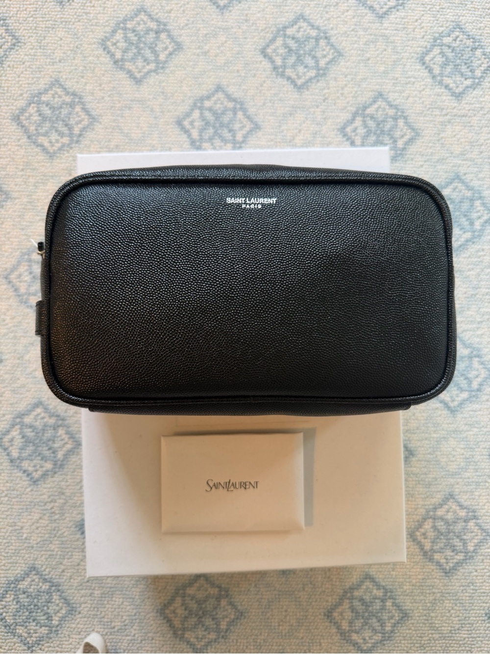 Saint Laurent Black Grained Leather Full-Grain Zip Pouch Toiletry Bag NWT